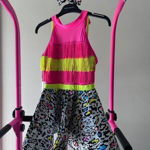 Revolution Dancewear Pink and Neon Yellow Fringe Dance Set